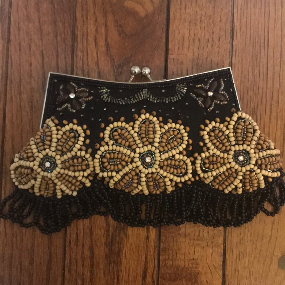Beaded evening clutch bag, black brown formal bag